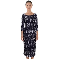 Antique Roman Typographic Pattern Quarter Sleeve Midi Bodycon Dress