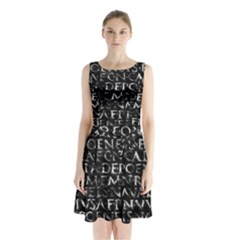Antique Roman Typographic Pattern Sleeveless Waist Tie Chiffon Dress