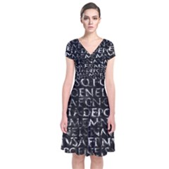 Antique Roman Typographic Pattern Short Sleeve Front Wrap Dress