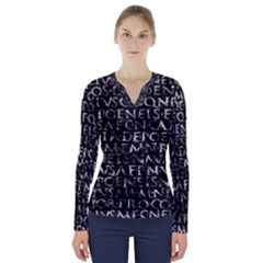 Antique Roman Typographic Pattern V-Neck Long Sleeve Top