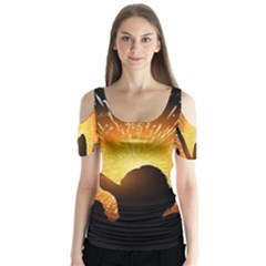 Celebration Night Sky With Fireworks In Various Colors Butterfly Sleeve Cutout Tee 