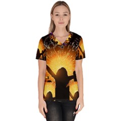 Celebration Night Sky With Fireworks In Various Colors Scrub Top