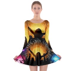 Celebration Night Sky With Fireworks In Various Colors Long Sleeve Skater Dress