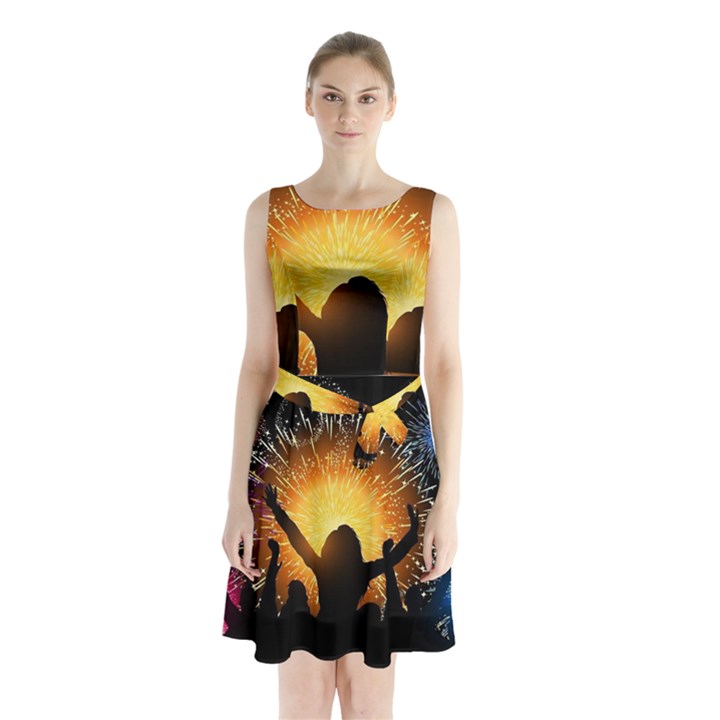 Celebration Night Sky With Fireworks In Various Colors Sleeveless Waist Tie Chiffon Dress