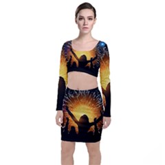 Celebration Night Sky With Fireworks In Various Colors Long Sleeve Crop Top & Bodycon Skirt Set by Sapixe