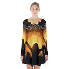 Celebration Night Sky With Fireworks In Various Colors Long Sleeve Velvet V-neck Dress