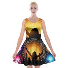 Celebration Night Sky With Fireworks In Various Colors Velvet Skater Dresses