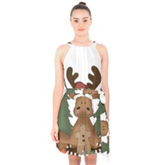 Christmas Moose Halter Collar Waist Tie Chiffon Dress