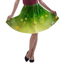 Christmas Green Background Stars Snowflakes Decorative Ornaments Pictures A-line Skater Skirt by Sapixe