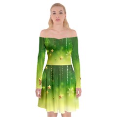 Christmas Green Background Stars Snowflakes Decorative Ornaments Pictures Off Shoulder Skater Dress