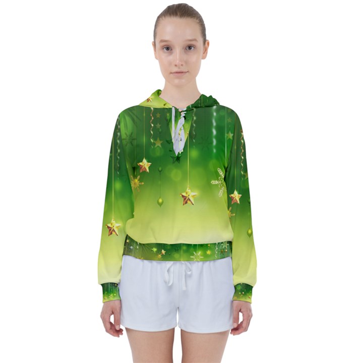 Christmas Green Background Stars Snowflakes Decorative Ornaments Pictures Women s Tie Up Sweat
