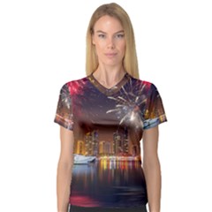 Christmas Night In Dubai Holidays City Skyscrapers At Night The Sky Fireworks Uae V-neck Sport Mesh Tee