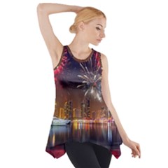 Christmas Night In Dubai Holidays City Skyscrapers At Night The Sky Fireworks Uae Side Drop Tank Tunic by Sapixe