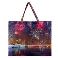 Christmas Night In Dubai Holidays City Skyscrapers At Night The Sky Fireworks Uae Zipper Large Tote Bag by Sapixe