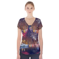 Christmas Night In Dubai Holidays City Skyscrapers At Night The Sky Fireworks Uae Short Sleeve Front Detail Top by Sapixe