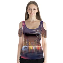 Christmas Night In Dubai Holidays City Skyscrapers At Night The Sky Fireworks Uae Butterfly Sleeve Cutout Tee 