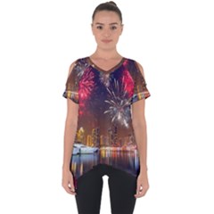 Christmas Night In Dubai Holidays City Skyscrapers At Night The Sky Fireworks Uae Cut Out Side Drop Tee by Sapixe