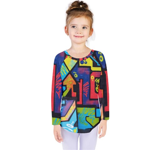 Urban Graffiti Movie Theme Productor Colorful Abstract Arrows Kids  Long Sleeve Tee by genx