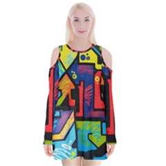 Urban Graffiti Movie Theme Productor Colorful Abstract Arrows Velvet Long Sleeve Shoulder Cutout Dress by genx