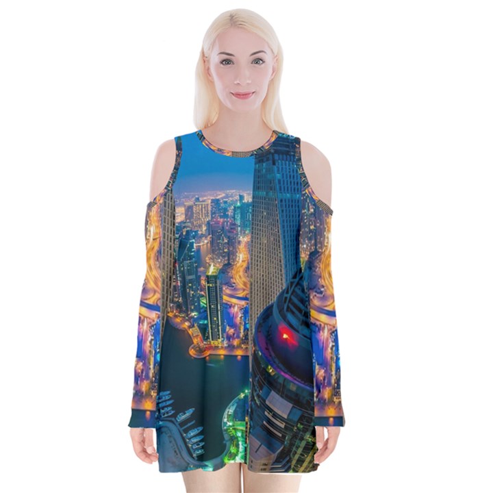 City Dubai Photograph From The Top Of Skyscrapers United Arab Emirates Velvet Long Sleeve Shoulder Cutout Dress