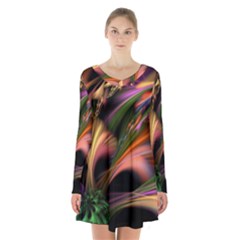 Color Burst Abstract Long Sleeve Velvet V-neck Dress by Sapixe