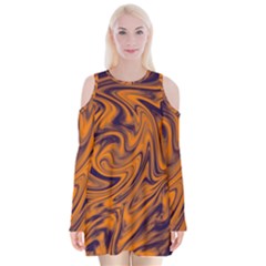 Orange And Purple Liquid Velvet Long Sleeve Shoulder Cutout Dress