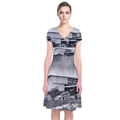 Omaha Airfield Airplain Hangar Short Sleeve Front Wrap Dress by Nexatart