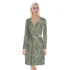 Vintage Background Green Leaves Long Sleeve Velvet Front Wrap Dress