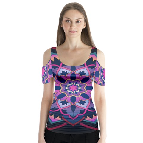 Mandala Circular Pattern Butterfly Sleeve Cutout Tee  by Nexatart