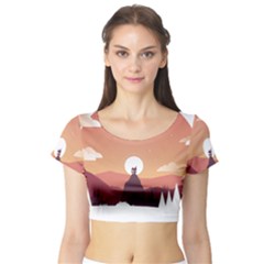 Design Art Hill Hut Landscape Short Sleeve Crop Top