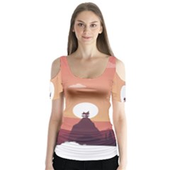 Design Art Hill Hut Landscape Butterfly Sleeve Cutout Tee 