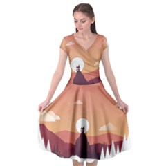 Design Art Hill Hut Landscape Cap Sleeve Wrap Front Dress