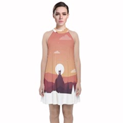 Design Art Hill Hut Landscape Velvet Halter Neckline Dress 