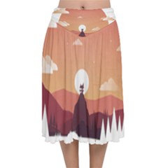 Design Art Hill Hut Landscape Velvet Flared Midi Skirt