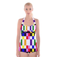 Rainbow Color Blocks Red Orange Boyleg Halter Swimsuit 