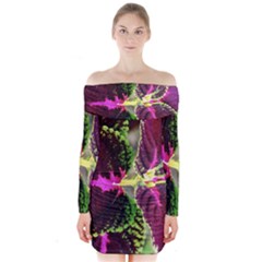 Plant Purple Green Leaves Garden Long Sleeve Off Shoulder Dress by Nexatart