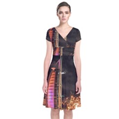 Dubai Burj Al Arab Hotels New Years Eve Celebration Fireworks Short Sleeve Front Wrap Dress