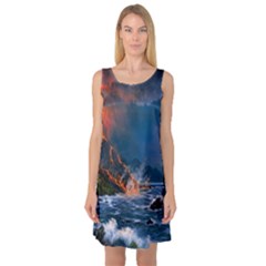 Eruption Of Volcano Sea Full Moon Fantasy Art Sleeveless Satin Nightdress