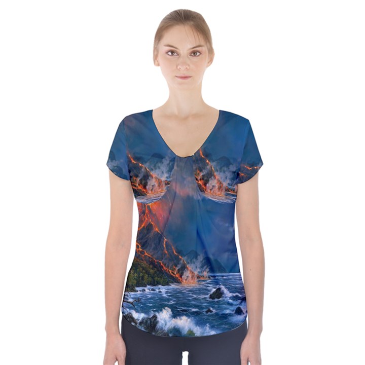 Eruption Of Volcano Sea Full Moon Fantasy Art Short Sleeve Front Detail Top