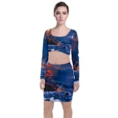 Eruption Of Volcano Sea Full Moon Fantasy Art Long Sleeve Crop Top & Bodycon Skirt Set