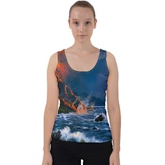 Eruption Of Volcano Sea Full Moon Fantasy Art Velvet Tank Top