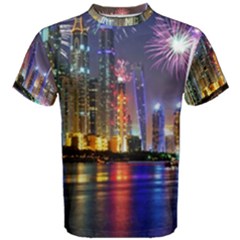 Dubai City At Night Christmas Holidays Fireworks In The Sky Skyscrapers United Arab Emirates Men s Cotton Tee by Sapixe