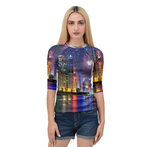 Dubai City At Night Christmas Holidays Fireworks In The Sky Skyscrapers United Arab Emirates Quarter Sleeve Raglan Tee by Sapixe