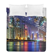 Dubai City At Night Christmas Holidays Fireworks In The Sky Skyscrapers United Arab Emirates Duvet Cover Double Side (full/ Double Size)