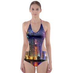 Dubai City At Night Christmas Holidays Fireworks In The Sky Skyscrapers United Arab Emirates Cut-out One Piece Swimsuit