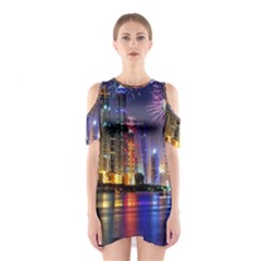Dubai City At Night Christmas Holidays Fireworks In The Sky Skyscrapers United Arab Emirates Shoulder Cutout One Piece by Sapixe