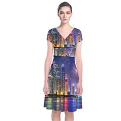 Dubai City At Night Christmas Holidays Fireworks In The Sky Skyscrapers United Arab Emirates Short Sleeve Front Wrap Dress