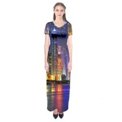 Dubai City At Night Christmas Holidays Fireworks In The Sky Skyscrapers United Arab Emirates Short Sleeve Maxi Dress by Sapixe