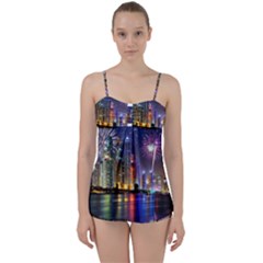Dubai City At Night Christmas Holidays Fireworks In The Sky Skyscrapers United Arab Emirates Babydoll Tankini Set by Sapixe