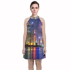 Dubai City At Night Christmas Holidays Fireworks In The Sky Skyscrapers United Arab Emirates Velvet Halter Neckline Dress  by Sapixe